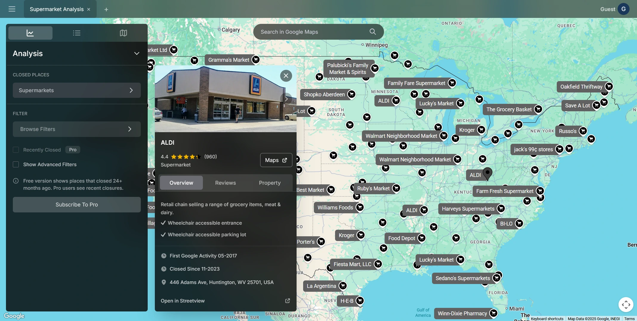 Interactive map showing closed locations